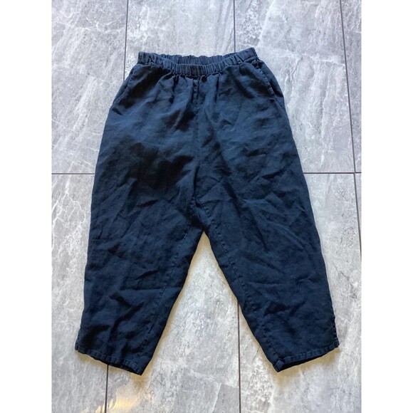 FLAX by Jeanne Engelhart Pants Womens Small Black Linen Elastic Waist Lagenlook - Picture 1 of 3